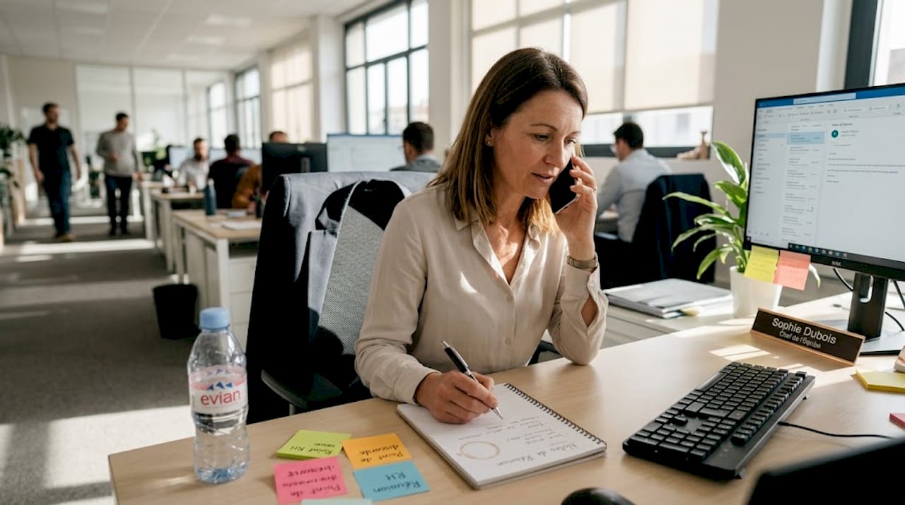 Un manager gère un appel pour résoudre un conflit au bureau, installé à son poste de travail.
