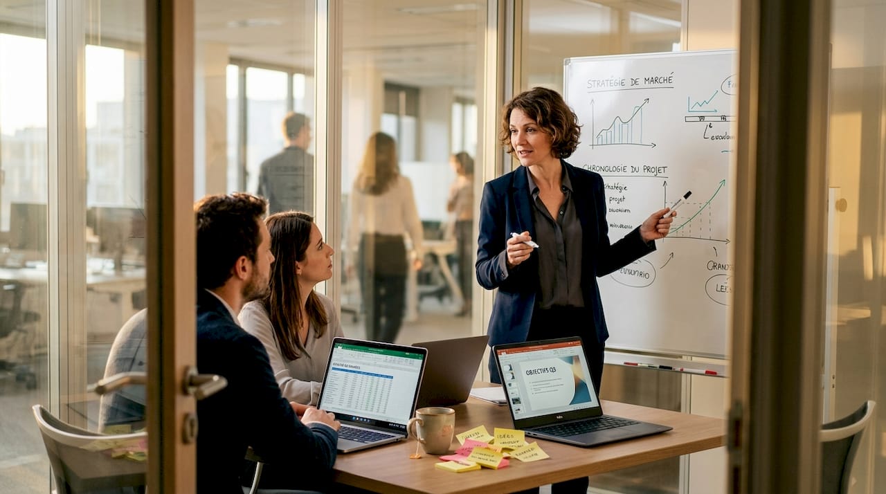 Un manager accompagne son équipe lors d’une réunion, apportant conseils et orientations pour favoriser l’échange et la prise de décision.