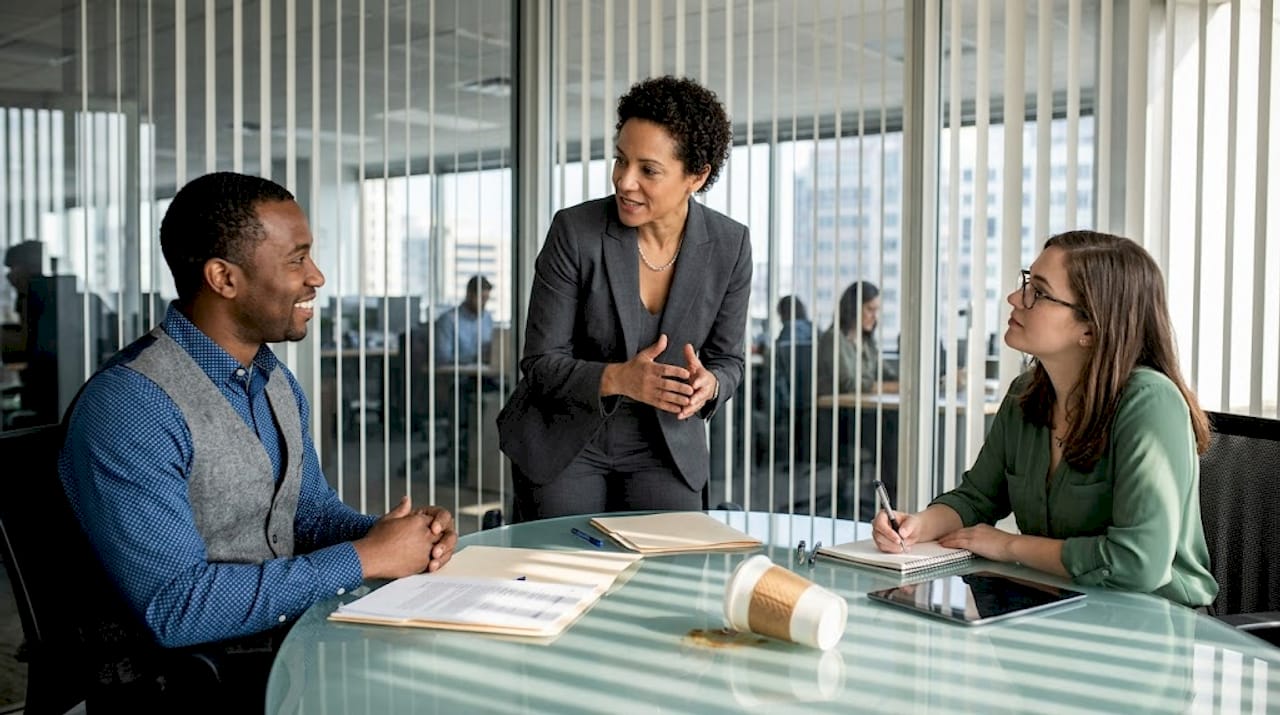 Le dirigeant de l’entreprise échange avec ses collaborateurs lors d’une réunion.