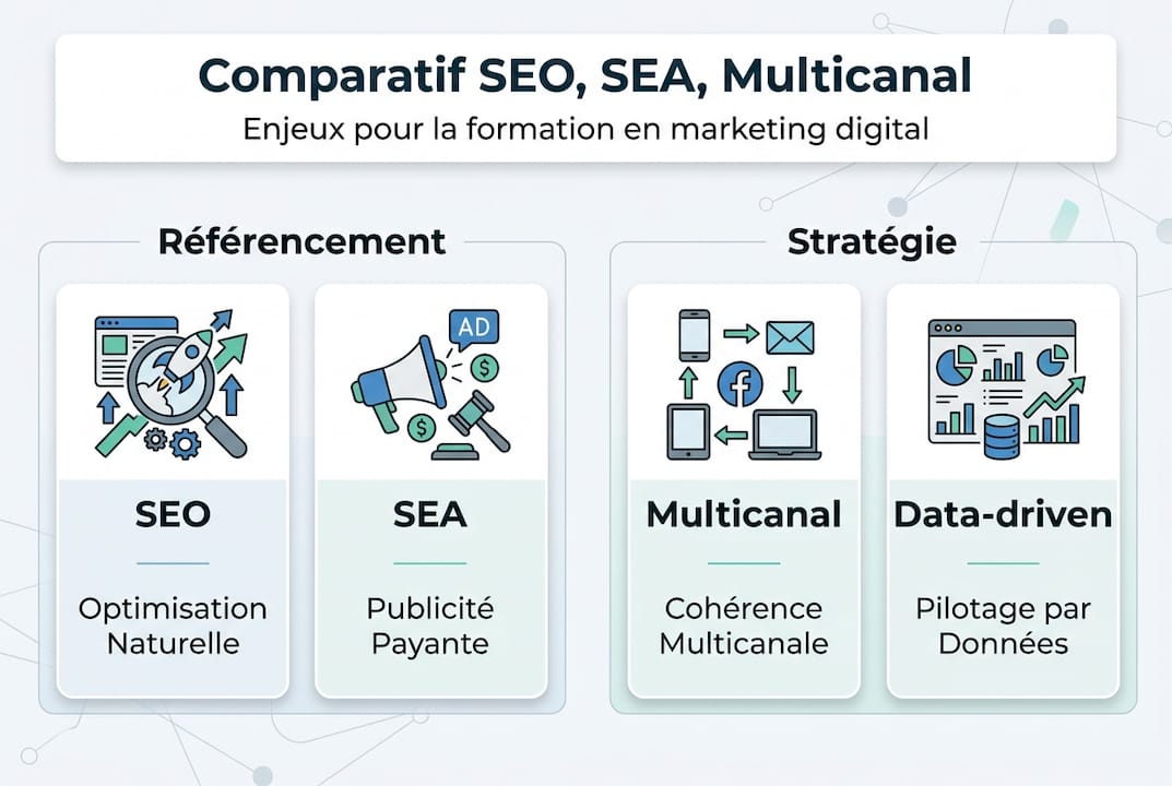Découvrez une infographie qui met en lumière les stratégies SEO et SEA, l’approche multicanal ainsi que l’importance de la prise de décision basée sur les données.