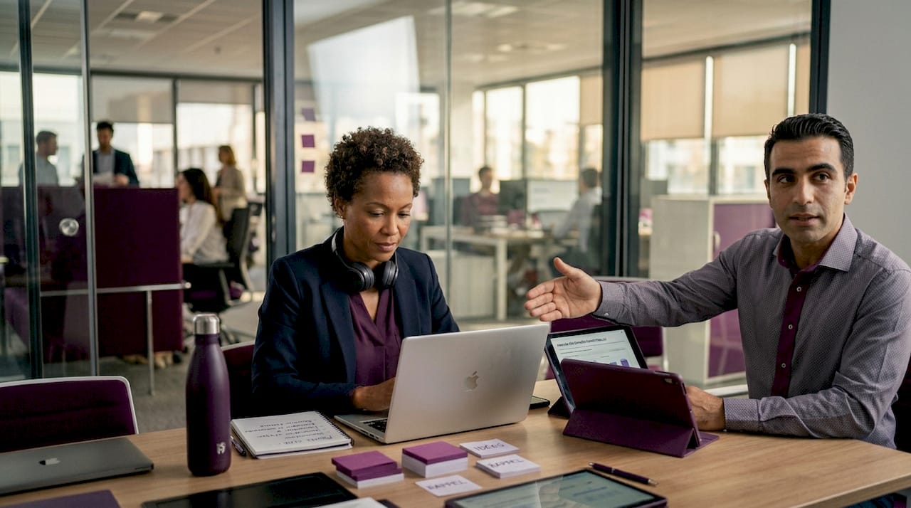 Des professionnels qui travaillent ensemble lors d’une session de formation hybride