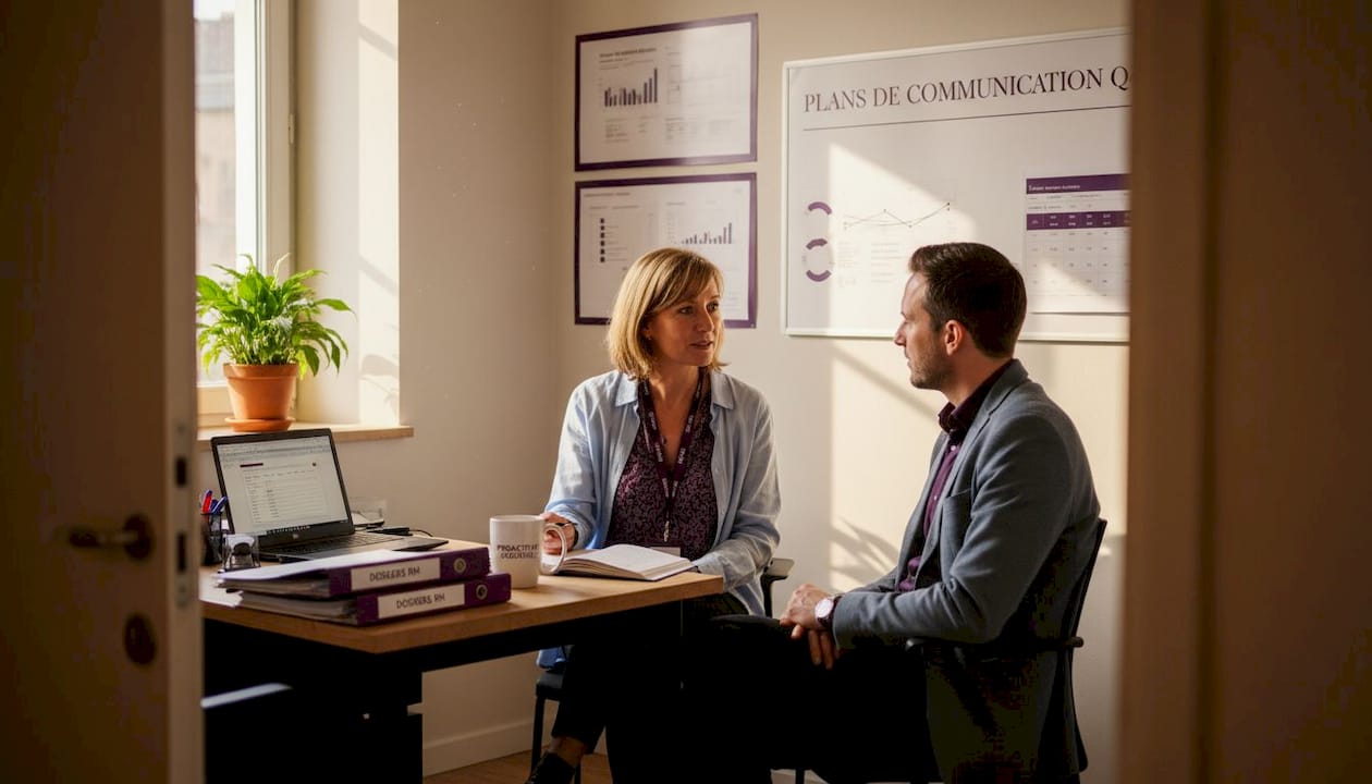 Le responsable RH échange avec l’équipe sur la stratégie de communication à mettre en place pour la PME, lors d’une réunion au bureau.