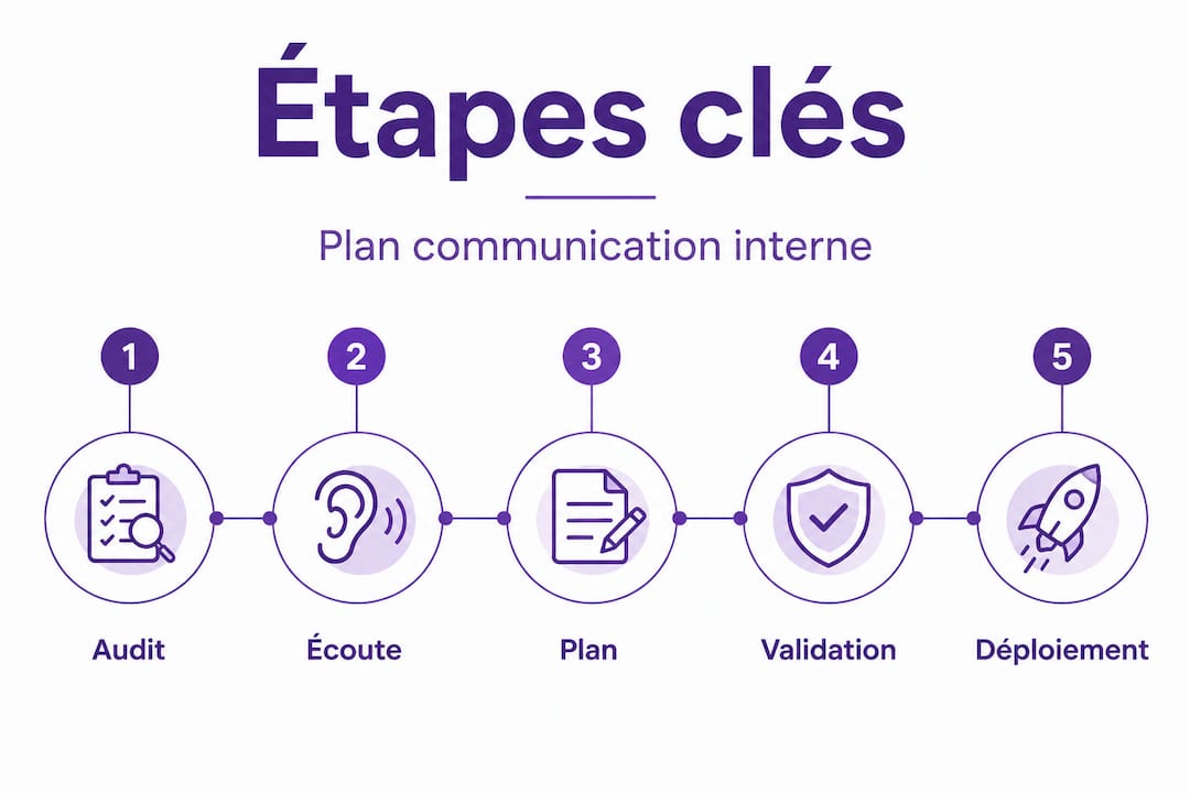 Infographie : les différentes étapes clés de la communication interne présentées de façon verticale