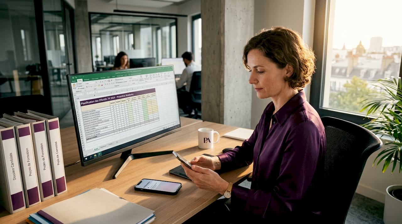 Une collaboratrice RH travaille sur son ordinateur, utilisant une interface d’intelligence artificielle pour gérer les dossiers du personnel.
