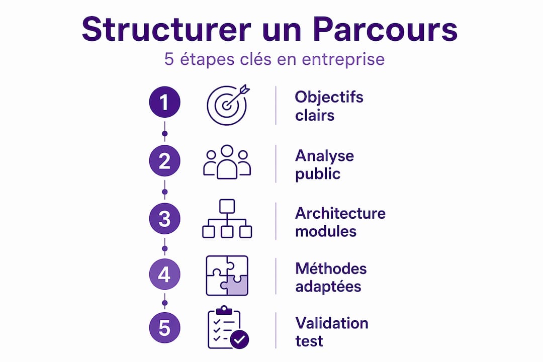 Visuel présentant les cinq grandes étapes d’un parcours de formation en entreprise