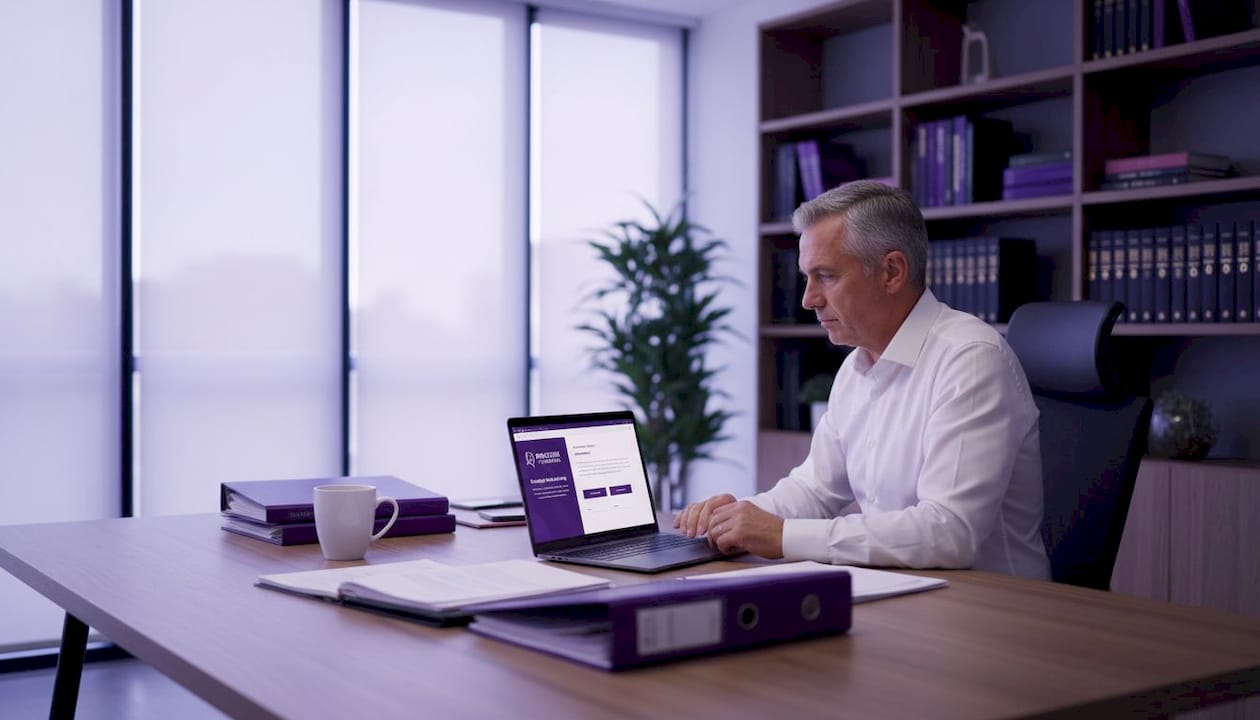 Un directeur marketing concentré, installé à son bureau, travaille sur son ordinateur.