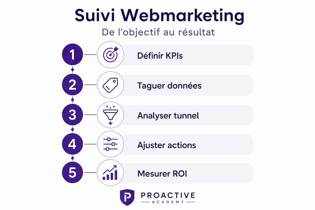 Schéma vertical illustrant les différentes étapes du suivi en webmarketing
