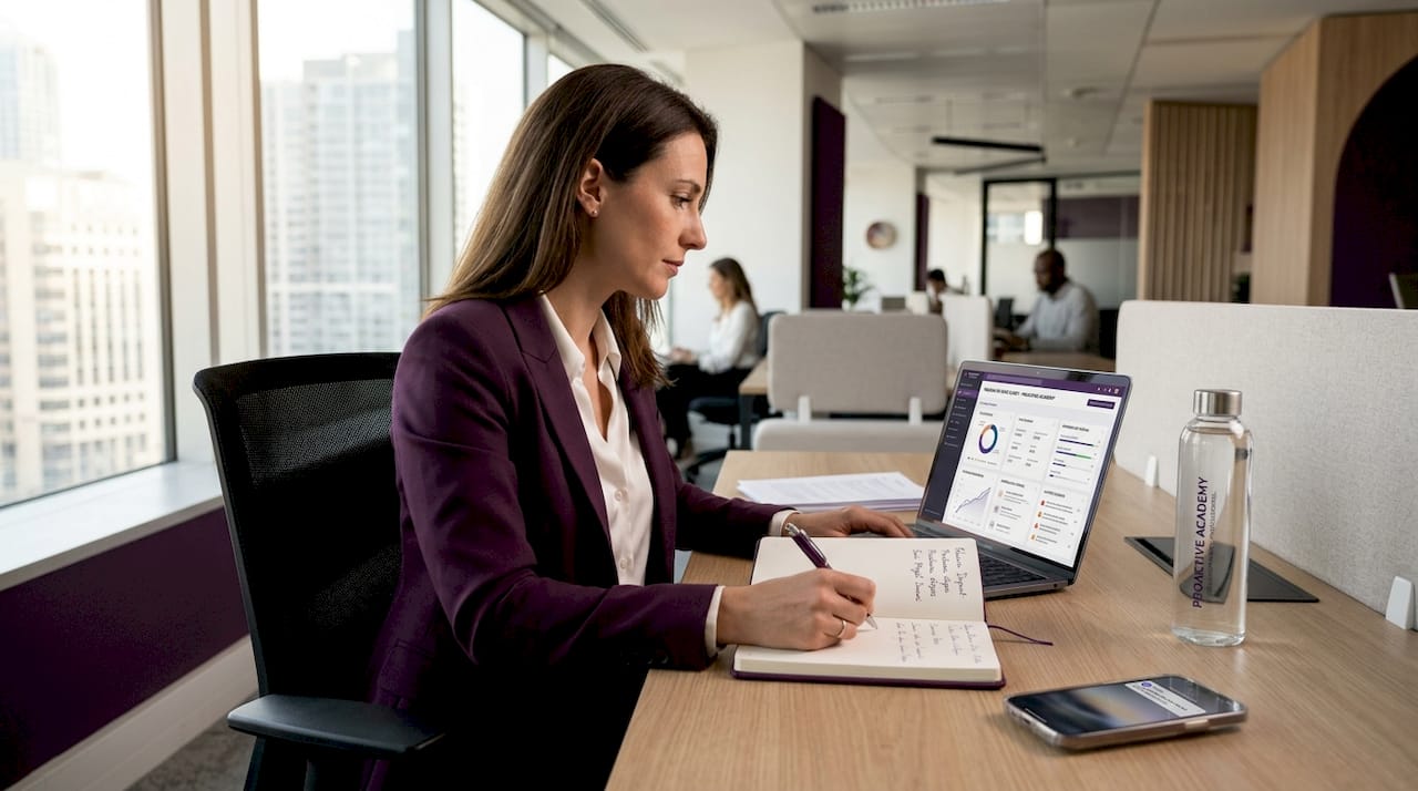 Une femme d’affaires gère ses contacts grâce à un logiciel CRM, installée à son poste dans un espace de coworking.