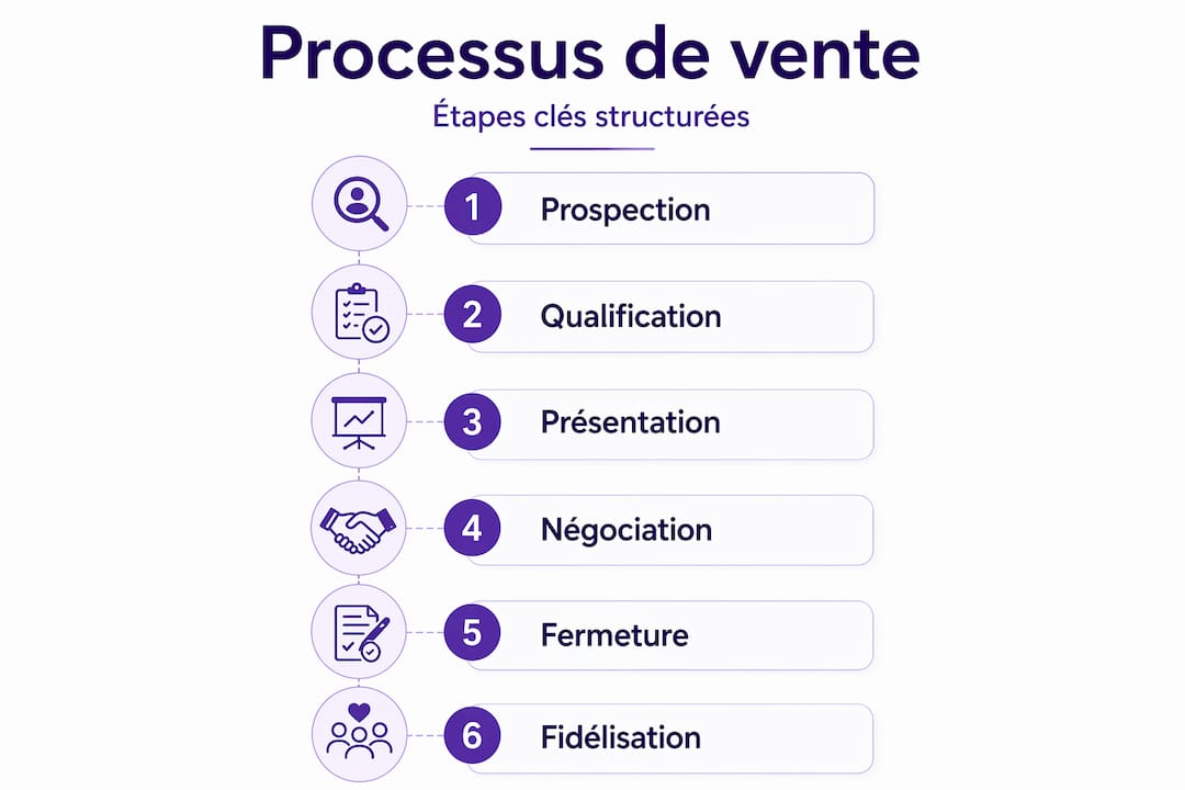 Découvrez, en un clin d’œil, les différentes étapes clés pour mener à bien un processus de vente organisé grâce à notre infographie.