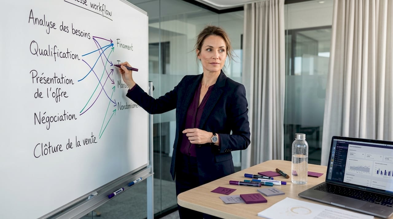 Un responsable commercial planifie le parcours de vente sur un tableau blanc.