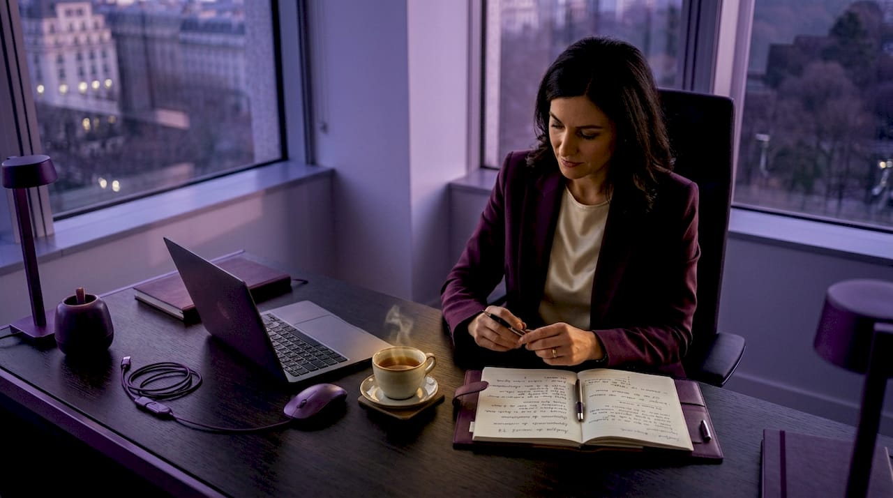 Jeune commerciale en pleine formation, évoluant dans un bureau baigné de lumière naturelle.