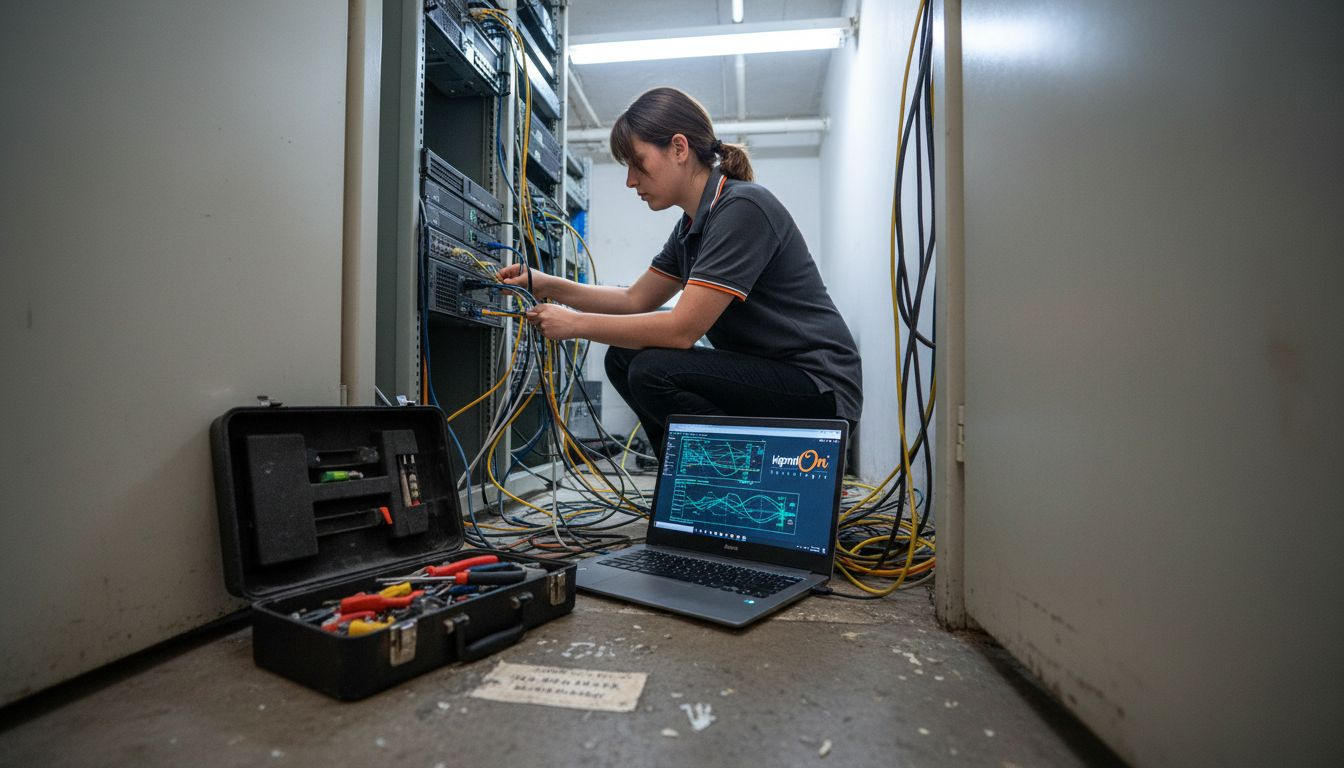 Soporte informático pymes 2026: Reduce 75% riesgos TI Técnico configurando el firewall en el cuarto de servidores de una empresa pequeña