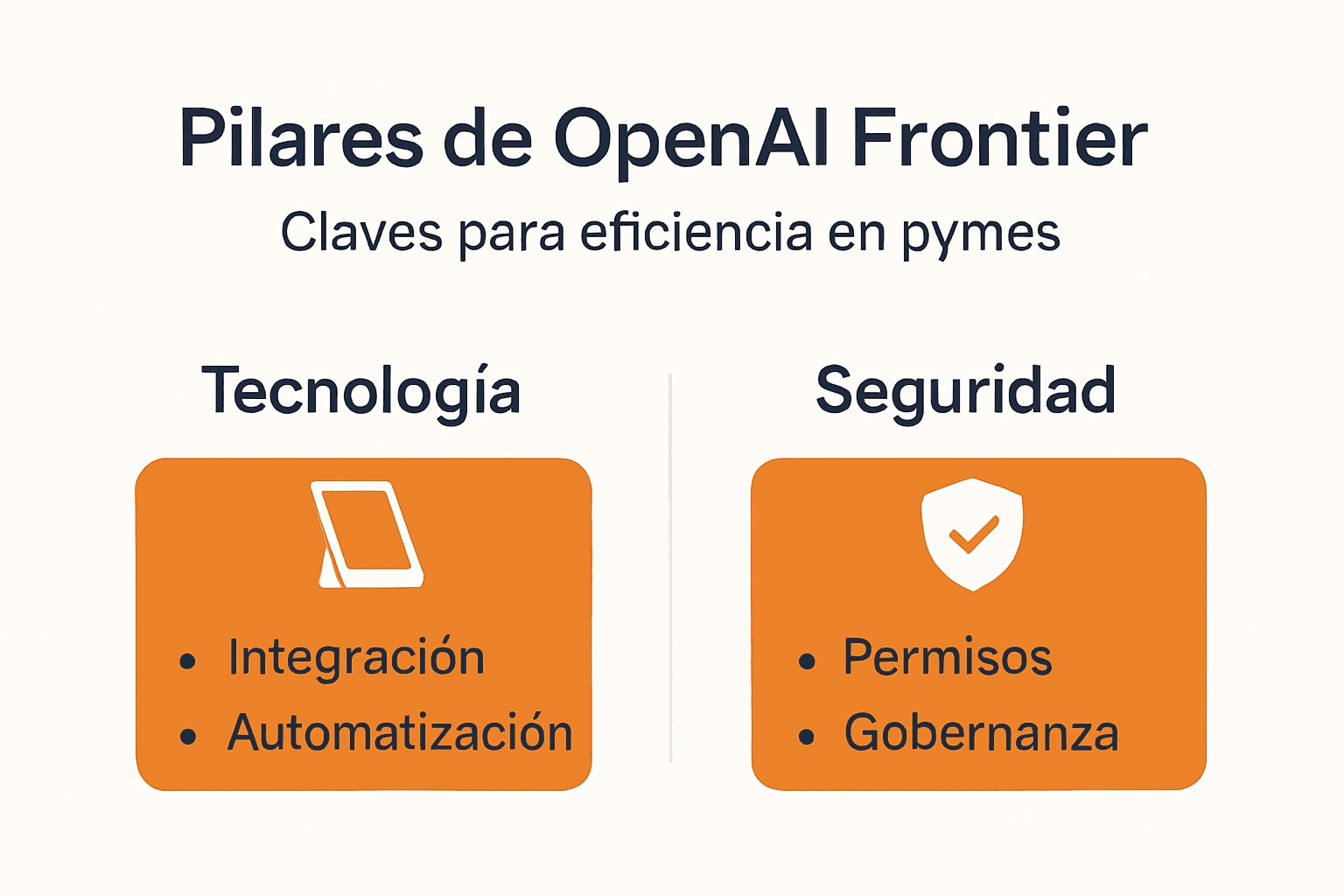 Qué es OpenAI Frontier: el gestor de agentes Infografía sobre los principios clave de OpenAI Frontier aplicados a pequeñas y medianas empresas