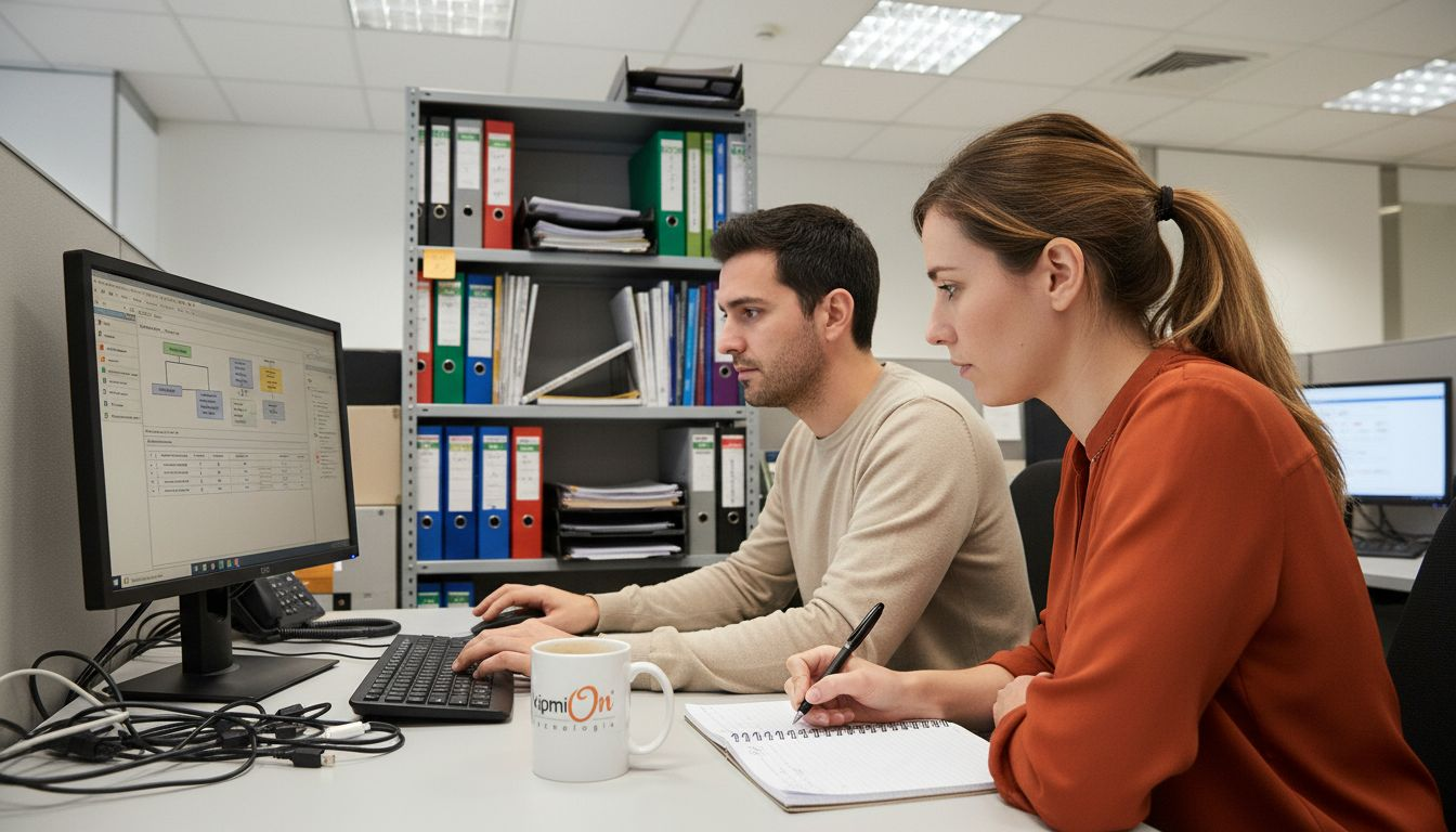 Trabajadores de una pequeña empresa gestionando sus tareas diarias con un sistema ERP en la oficina.