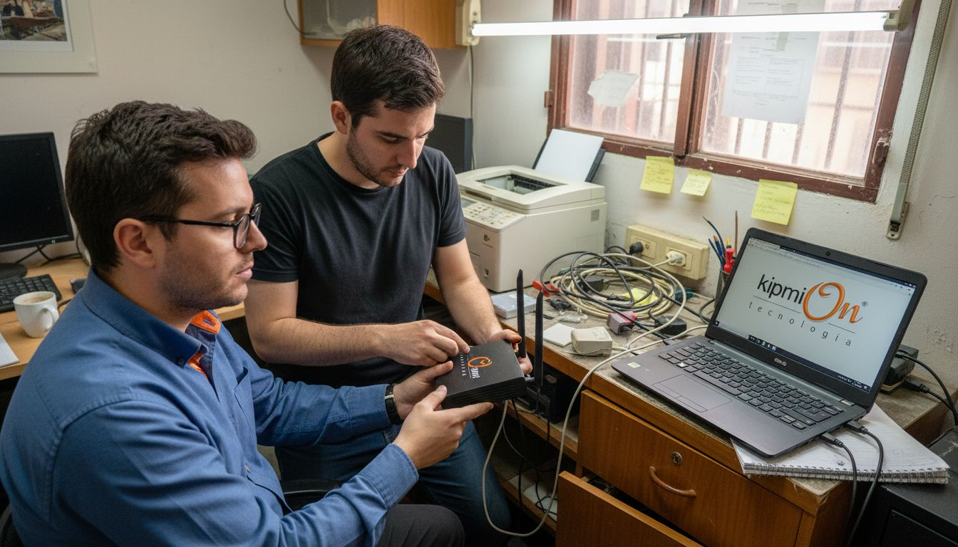 Personal técnico instalando un router en la oficina de una pequeña empresa