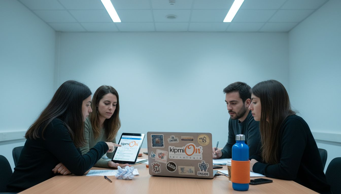 Un equipo de una pequeña empresa revisa su lista de tareas digital durante una reunión de trabajo.