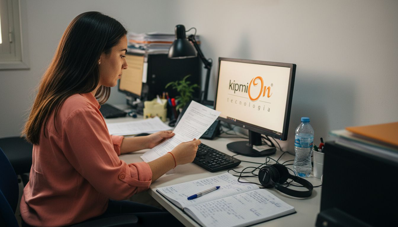 Empleada revisando papeles en la oficina de una pequeña empresa