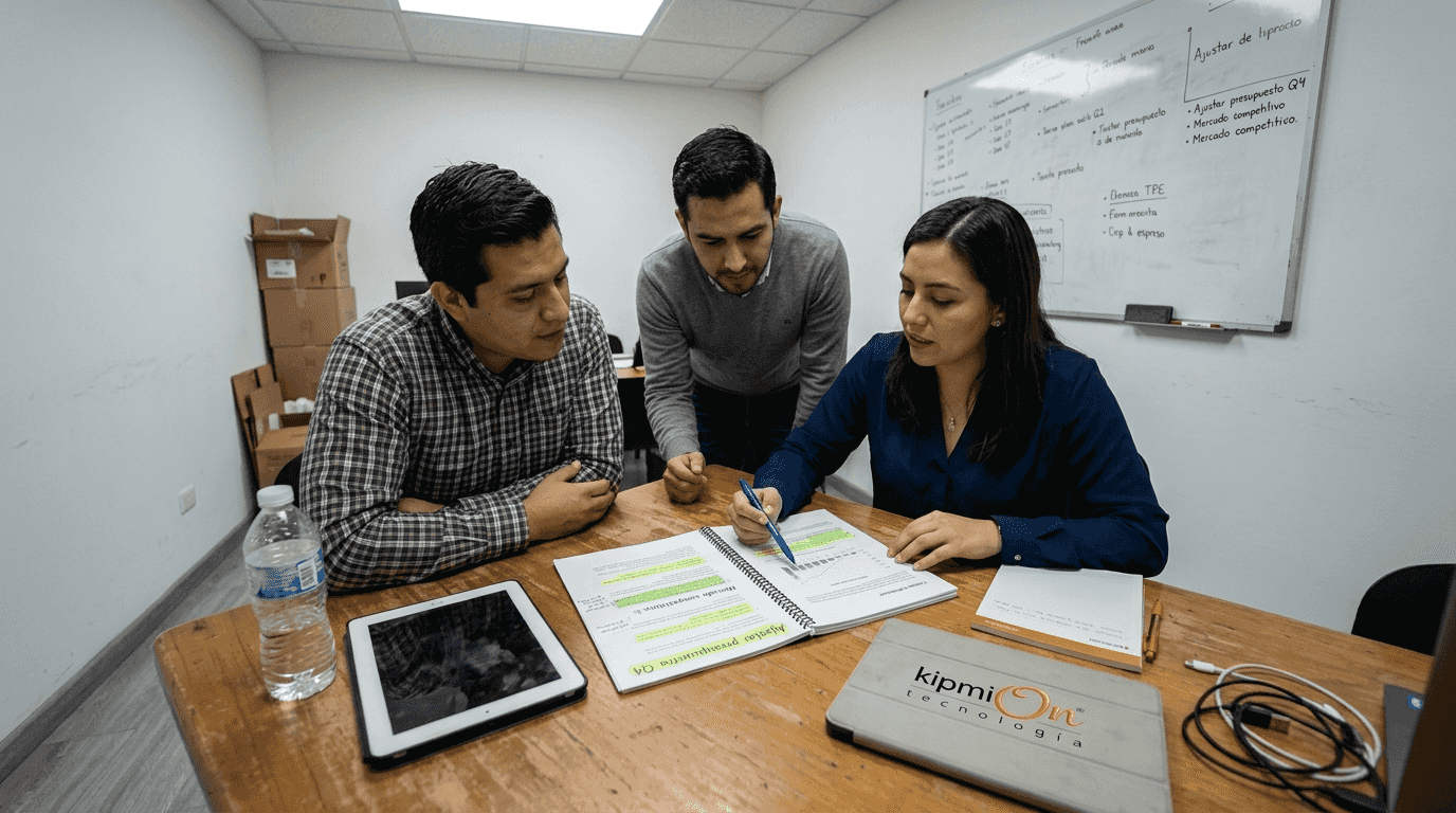 Un grupo de trabajadores de una pequeña empresa compartiendo ideas y trabajando juntos en una sala reducida.