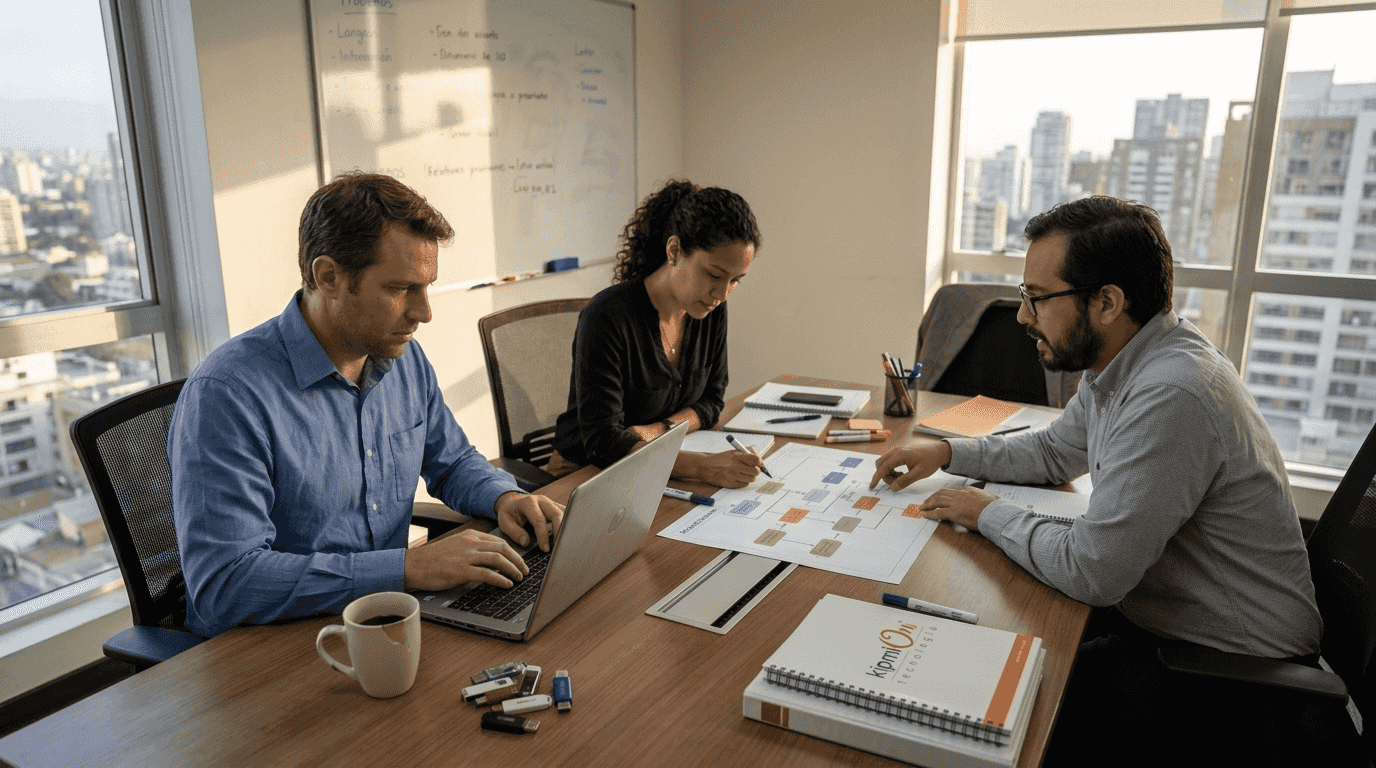 Un equipo reducido analiza cómo implementar el flujo de integración.