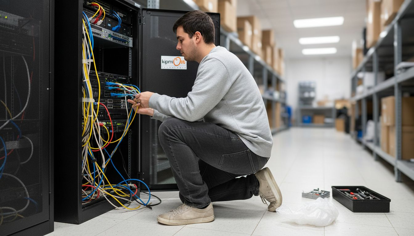 Un técnico está colocando un firewall en el armario de la red.
