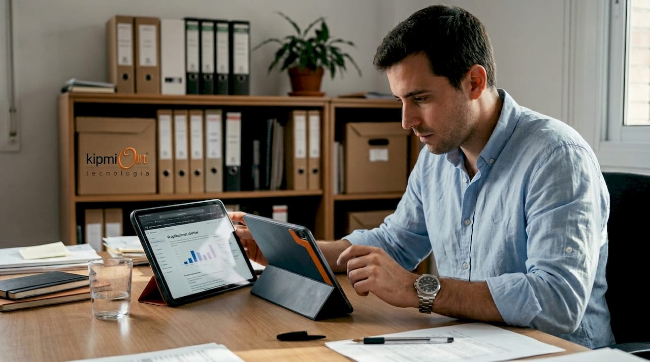 Directivo analizando distintas soluciones de inteligencia artificial desde su escritorio