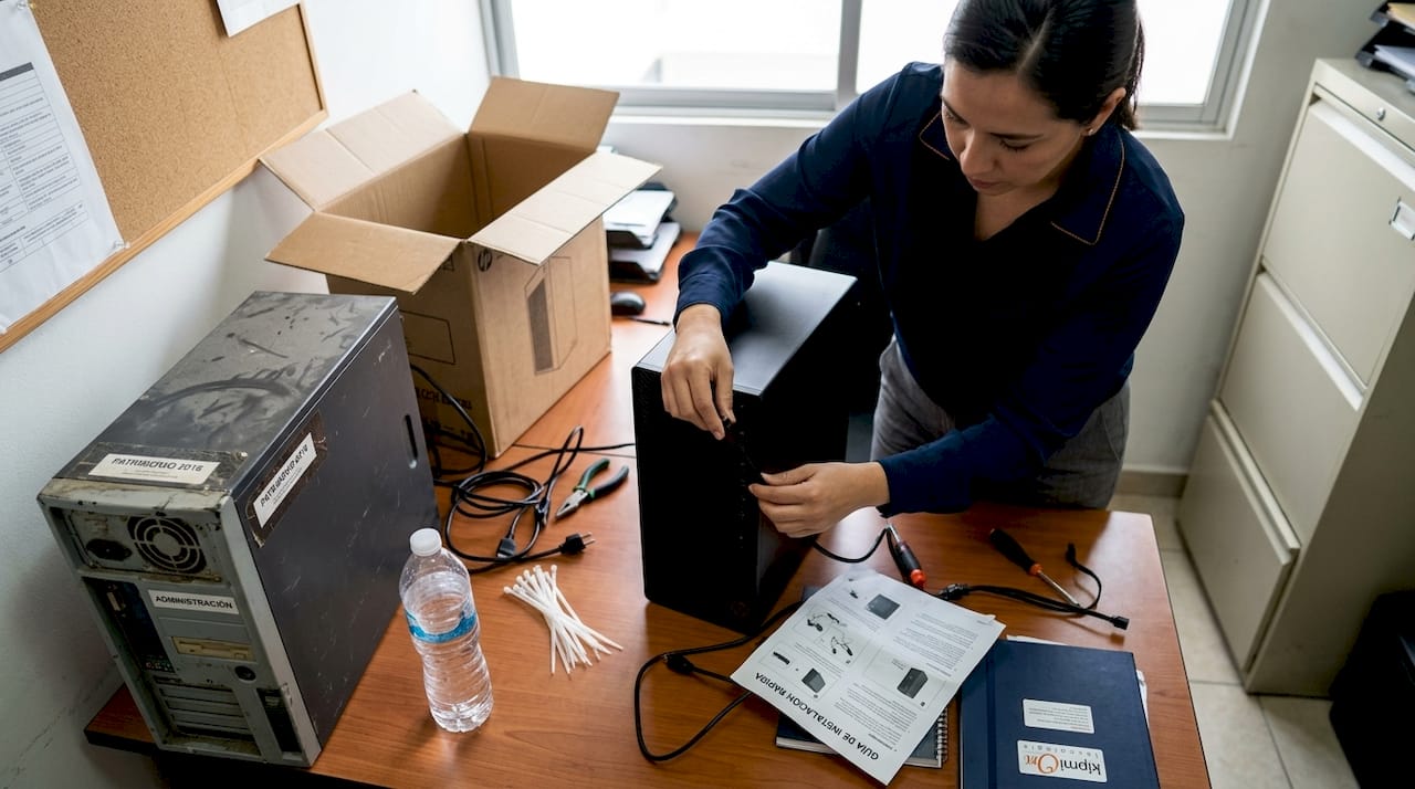 Un trabajador instala nuevos equipos informáticos en la oficina de una pequeña empresa.
