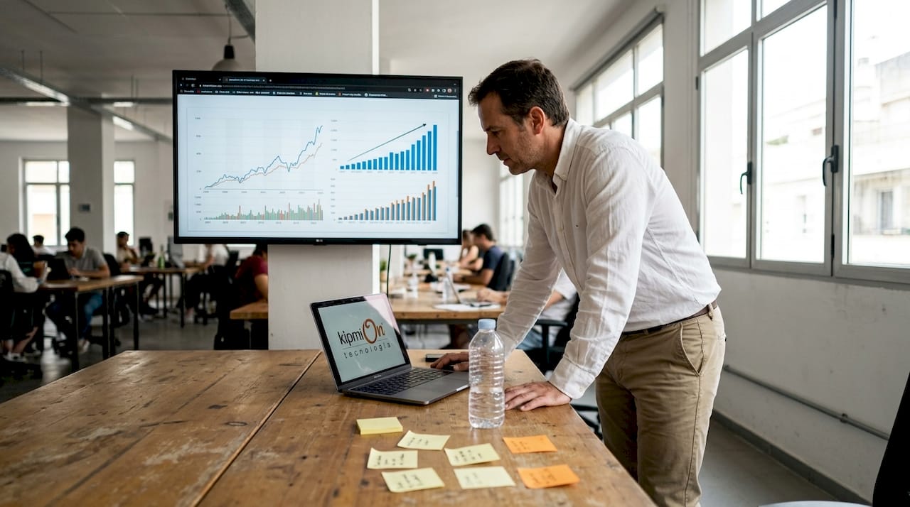 Emprendedor revisando el avance de su negocio digital desde un espacio de coworking