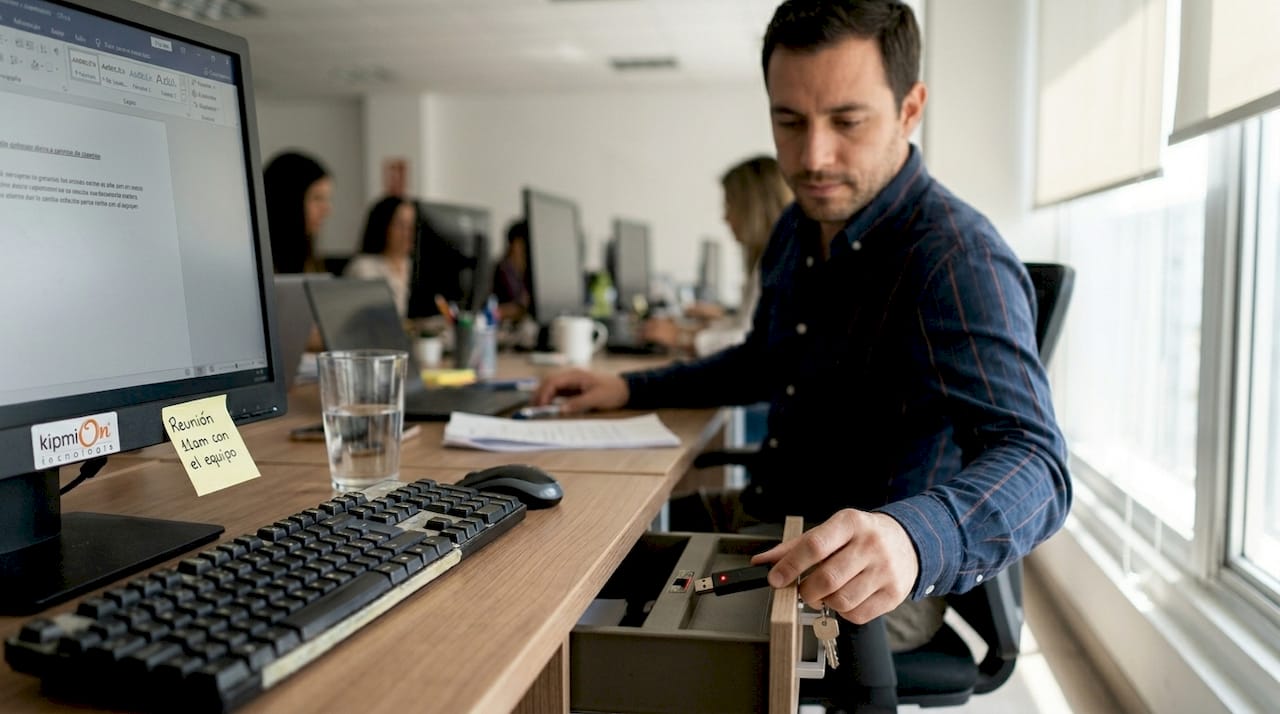 Empleado asegurando un dispositivo con información confidencial