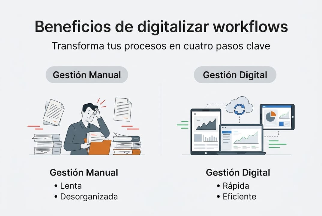 Infografía: beneficios de los flujos de trabajo digitales frente a los manuales