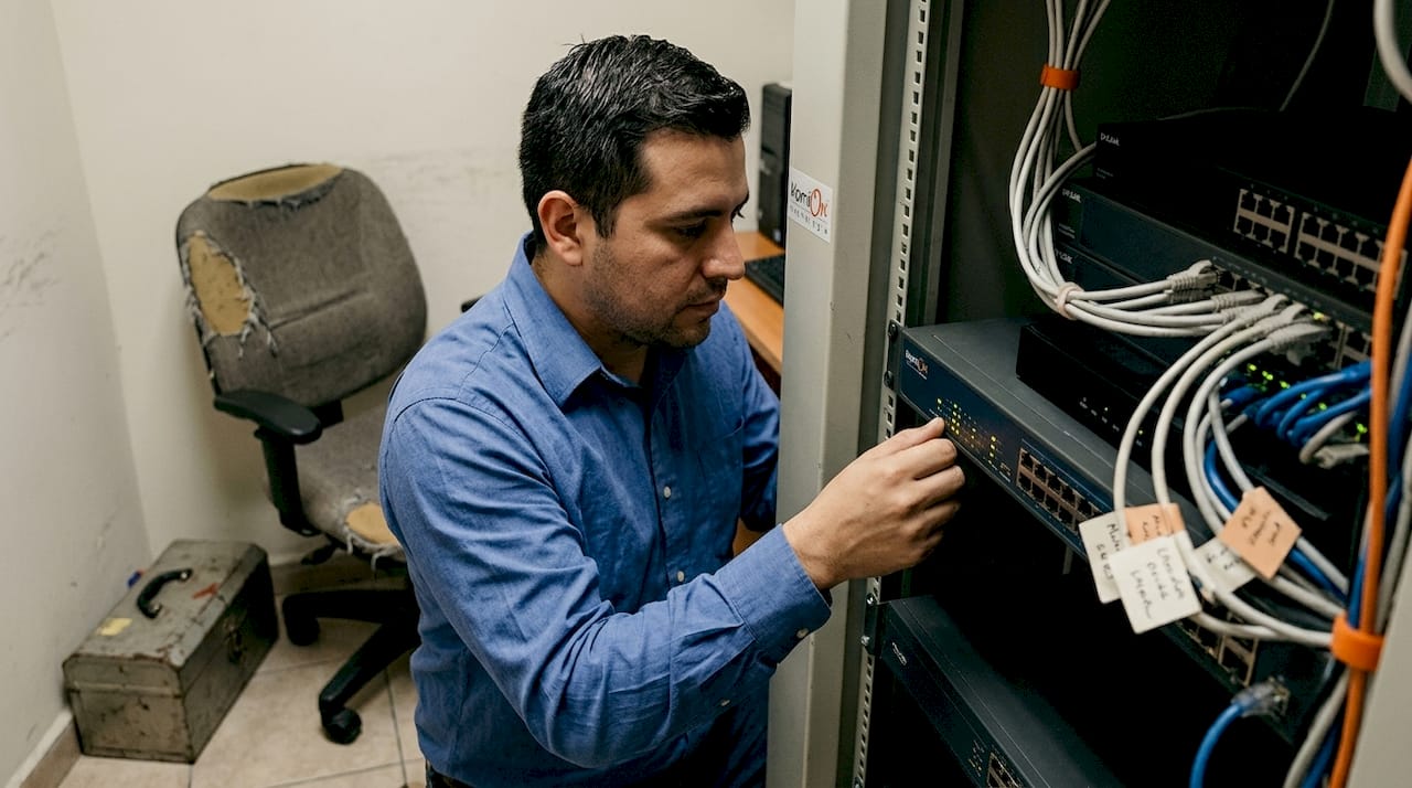 Un técnico realiza una revisión del router y el switch en una pequeña empresa.