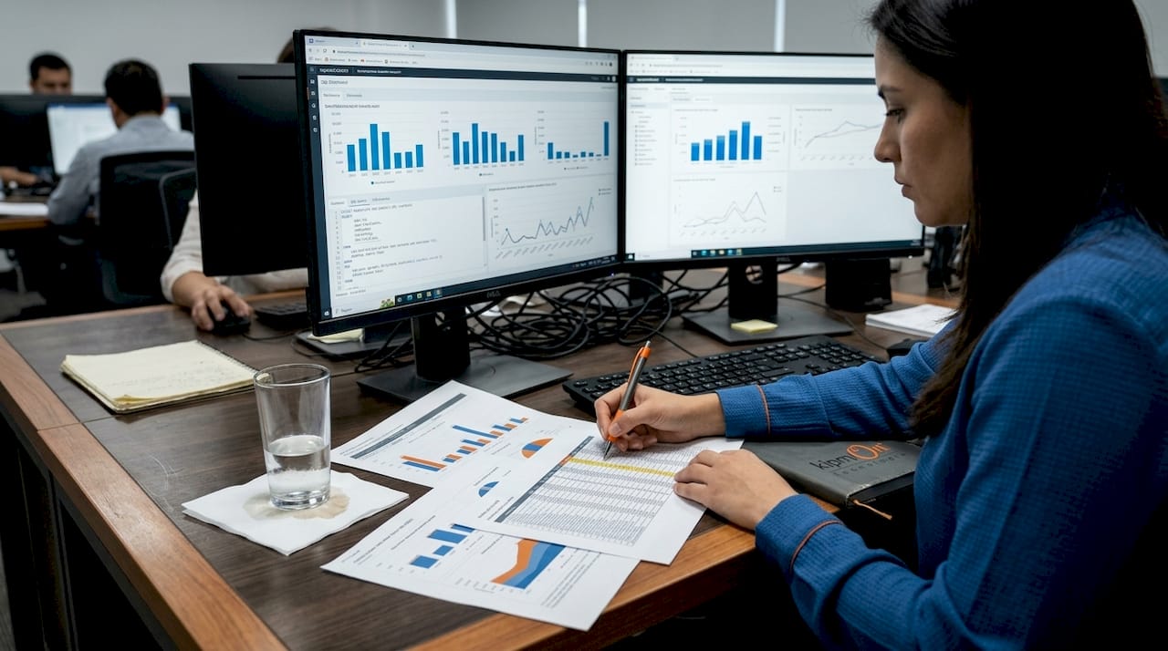 Especialista analizando información con dos monitores y varios documentos sobre la mesa