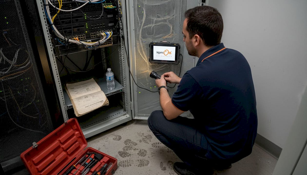 Un técnico realiza conexiones de cableado en la sala de servidores de una empresa pequeña.
