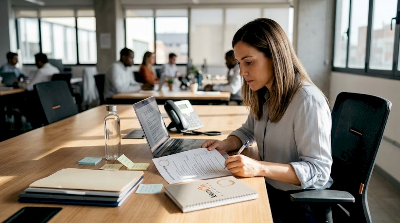 La responsable de administración revisa la documentación relacionada con la protección de datos.