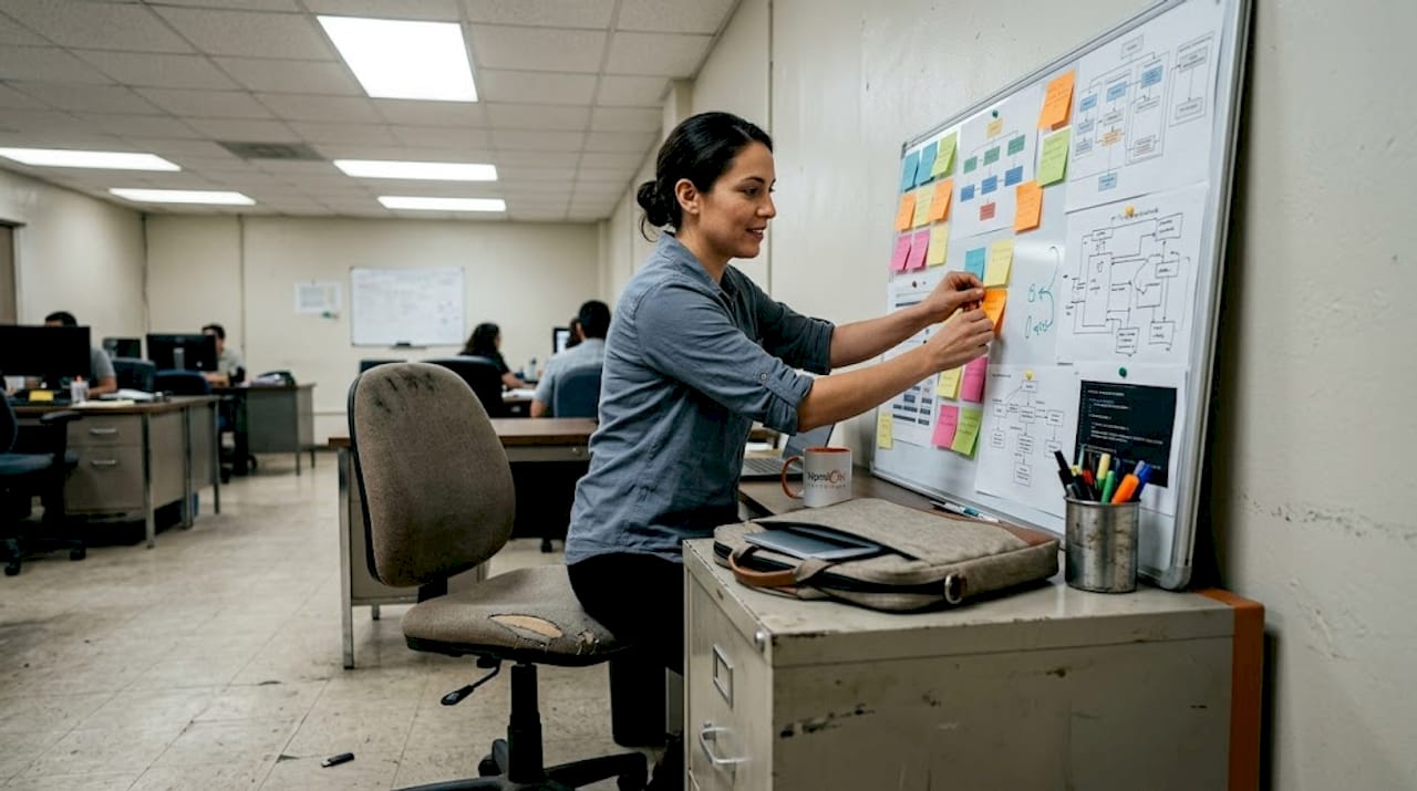 Una mujer organiza y actualiza el tablero de tareas en una pequeña oficina.