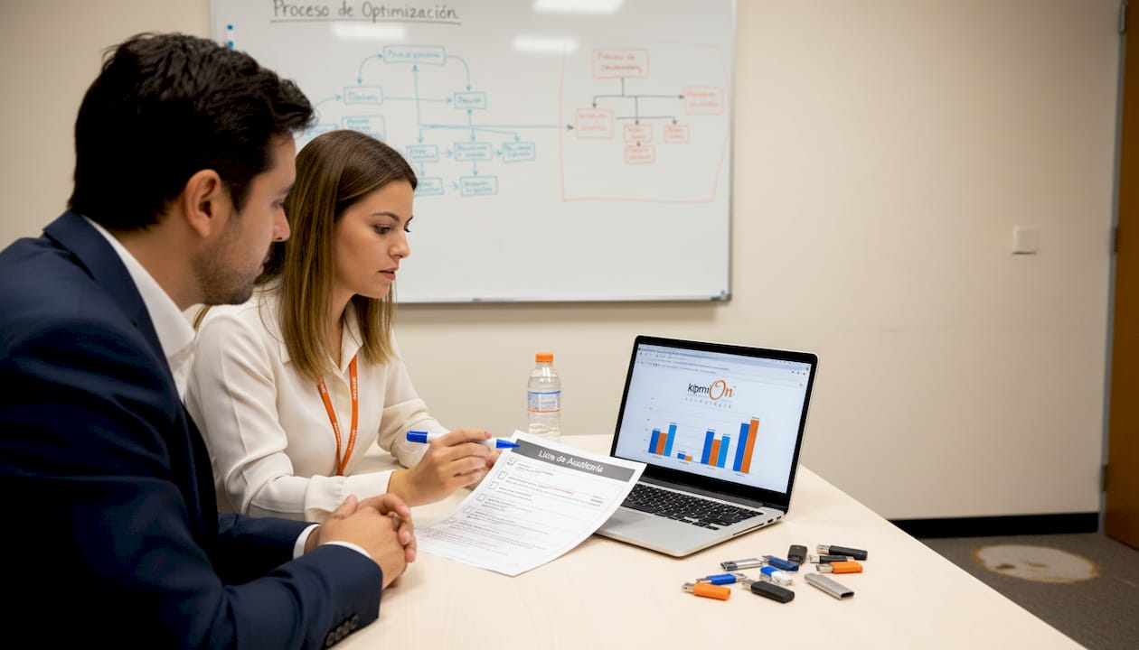 Un consultor y el dueño de una empresa analizan los resultados de una auditoría para tomar decisiones estratégicas.