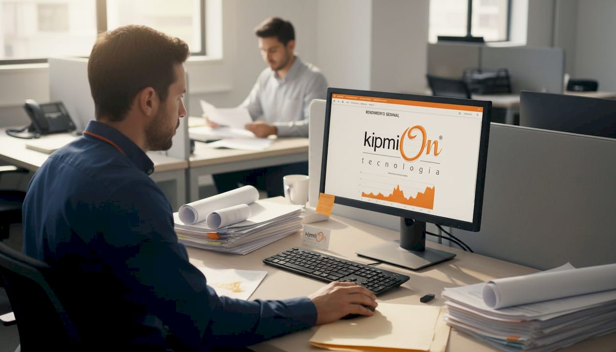 Gerente gestionando su negocio con un sistema ERP en una oficina pequeña