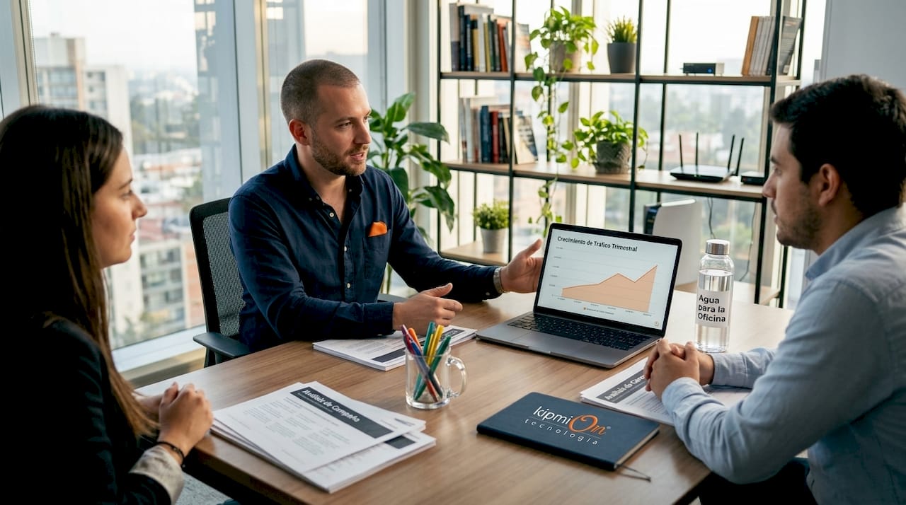 Marketing digital B2B: guía completa para pymes modernas El equipo analiza la estrategia digital B2B durante una reunión de trabajo.