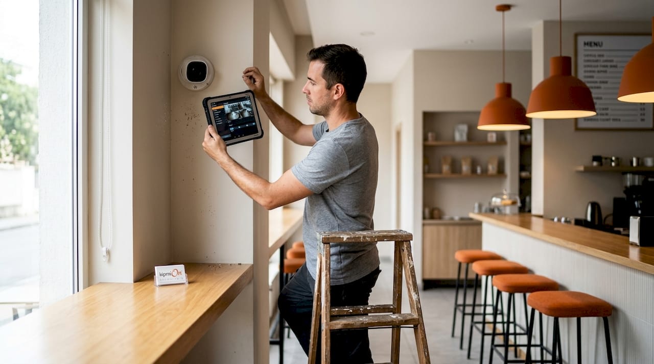 Un técnico realiza la revisión de una cámara IP en el local comercial.