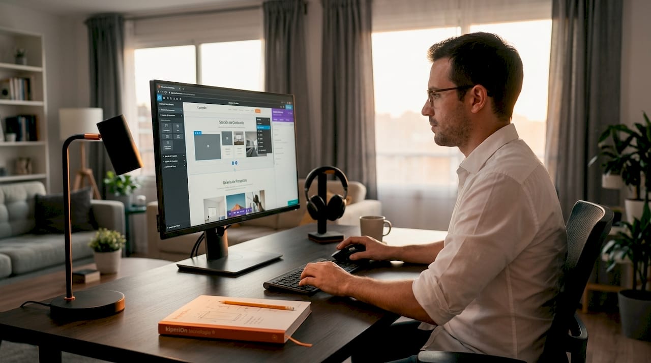 Herramientas IA para creación de páginas web en 2026 Especialista en desarrollo web perfeccionando el diseño con ayuda de inteligencia artificial.