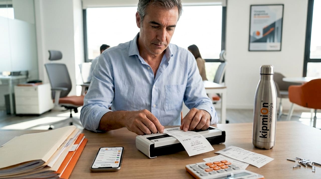 Hombre organizando y digitalizando sus recibos en una mesa de trabajo compartido