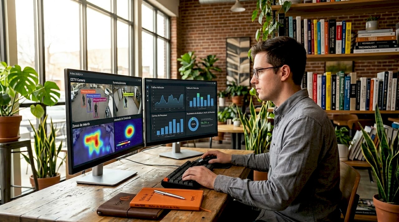 Por qué digitalizar videoseguridad en tu pyme en 2026 Especialista en monitoreo de salas utilizando análisis de vídeo basado en inteligencia artificial