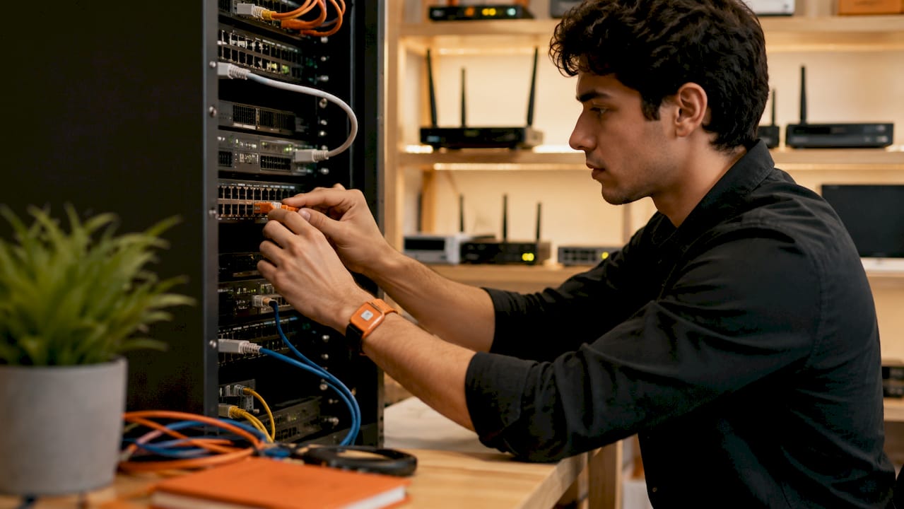 Qué es la interoperabilidad de sistemas: guía 2026 Técnicos trabajando con cables en la sala de servidores