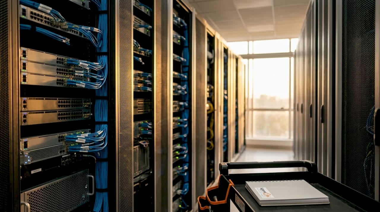 Vista panorámica de los racks de equipos de red en un centro de datos