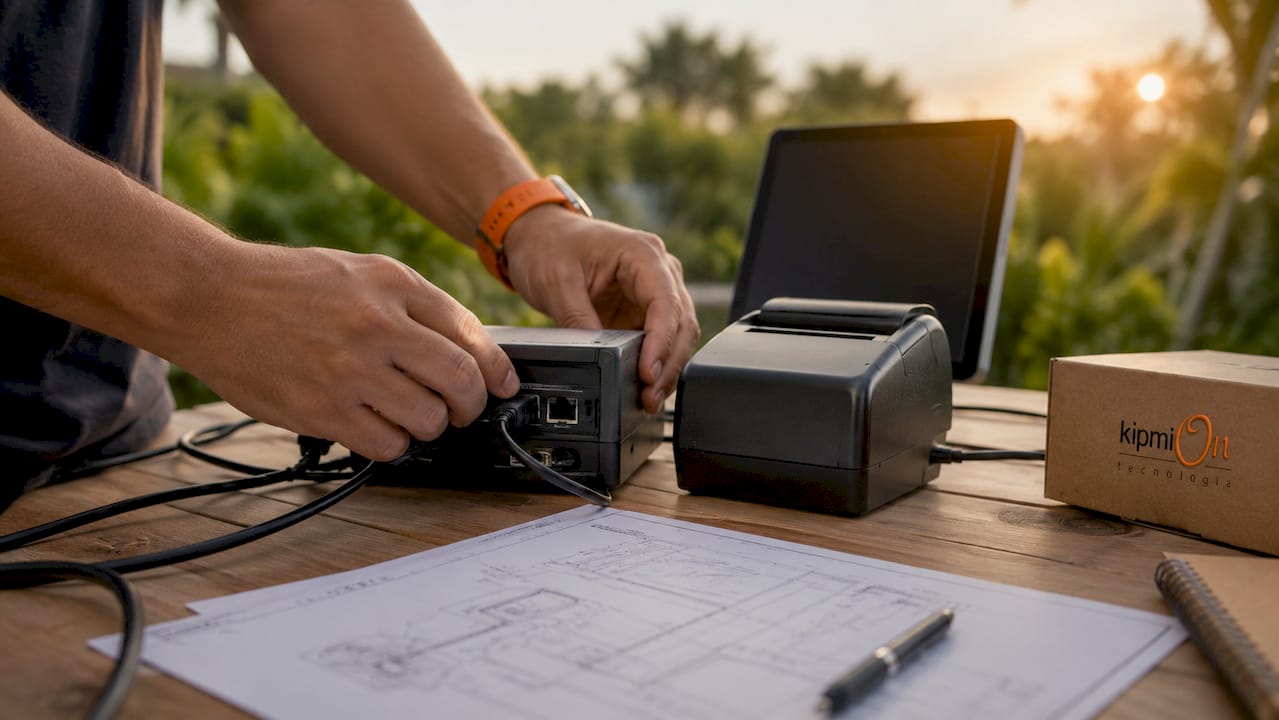 Manos realizando ajustes en los componentes tecnológicos de un sistema POS digital