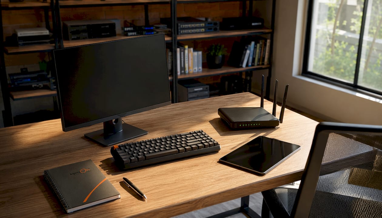 Mesa de trabajo con ordenadores y pantallas apagadas