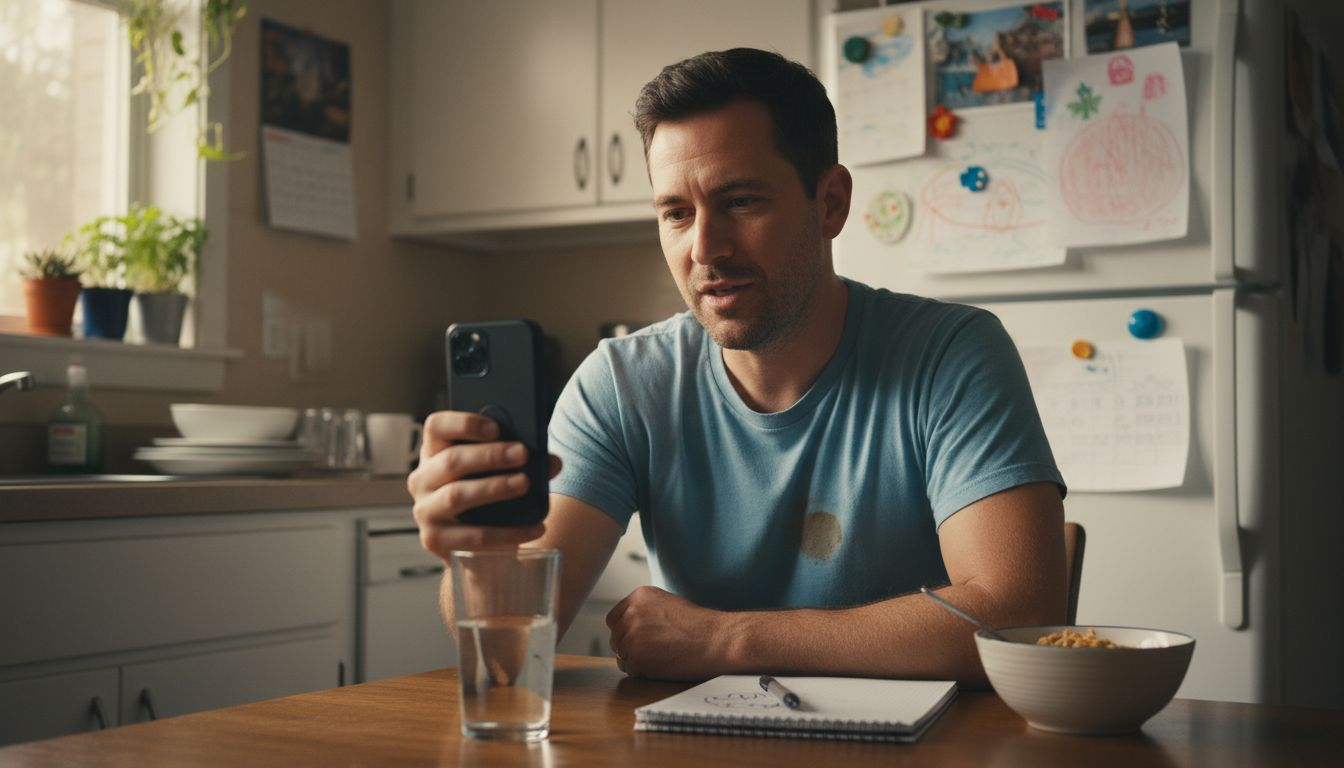 Customer records testimonial in casual kitchen