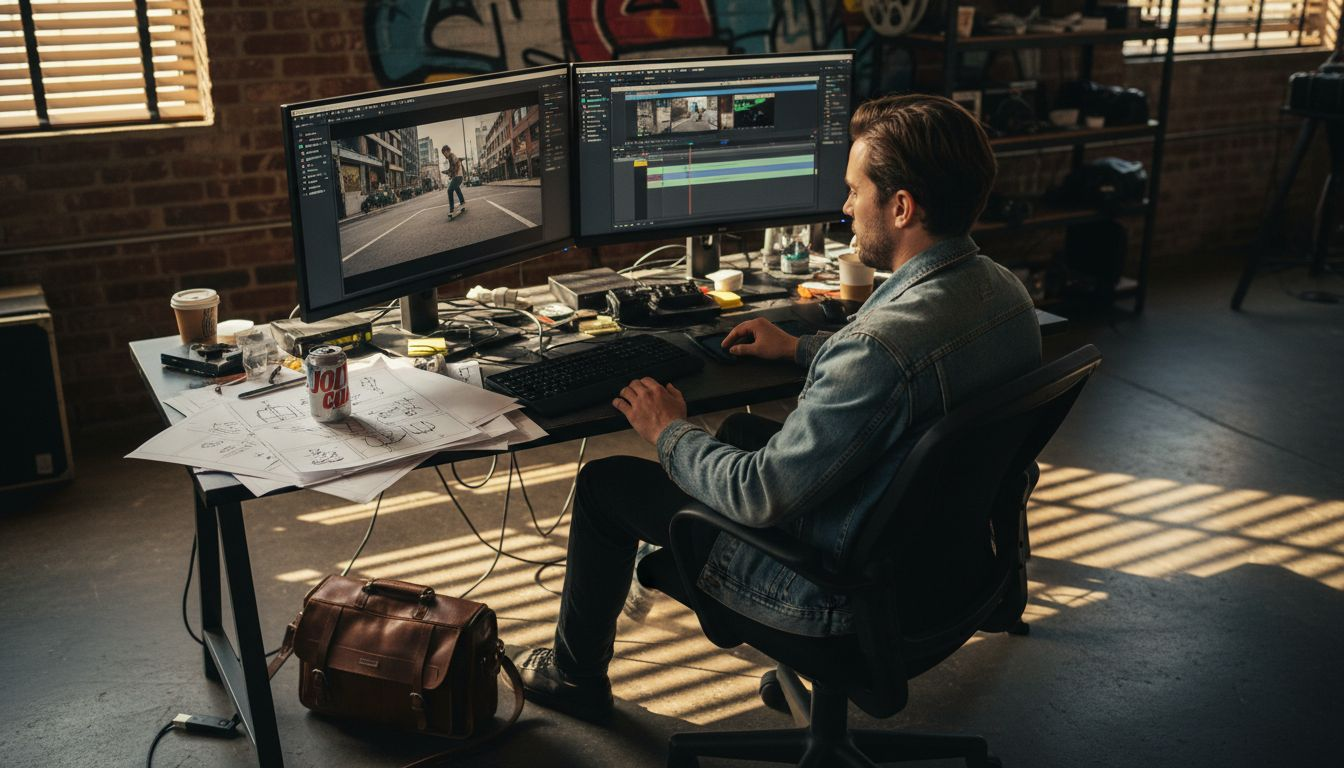 Director editing video ad at workstation