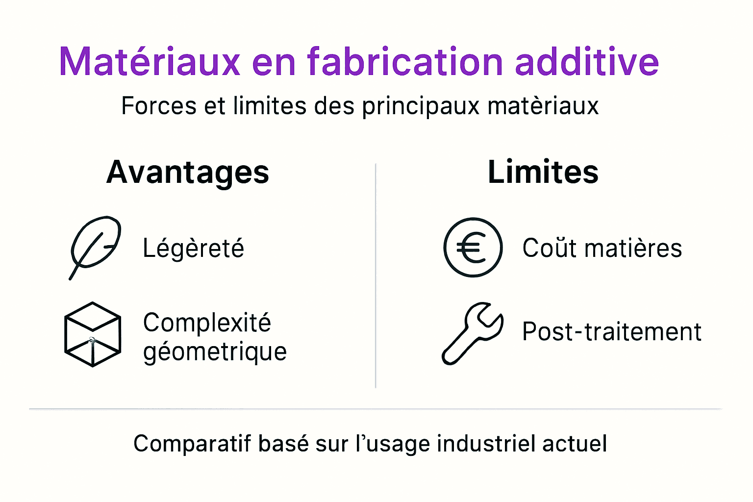 Infographie : panorama des matériaux utilisés en fabrication additive, leurs performances et leurs limites