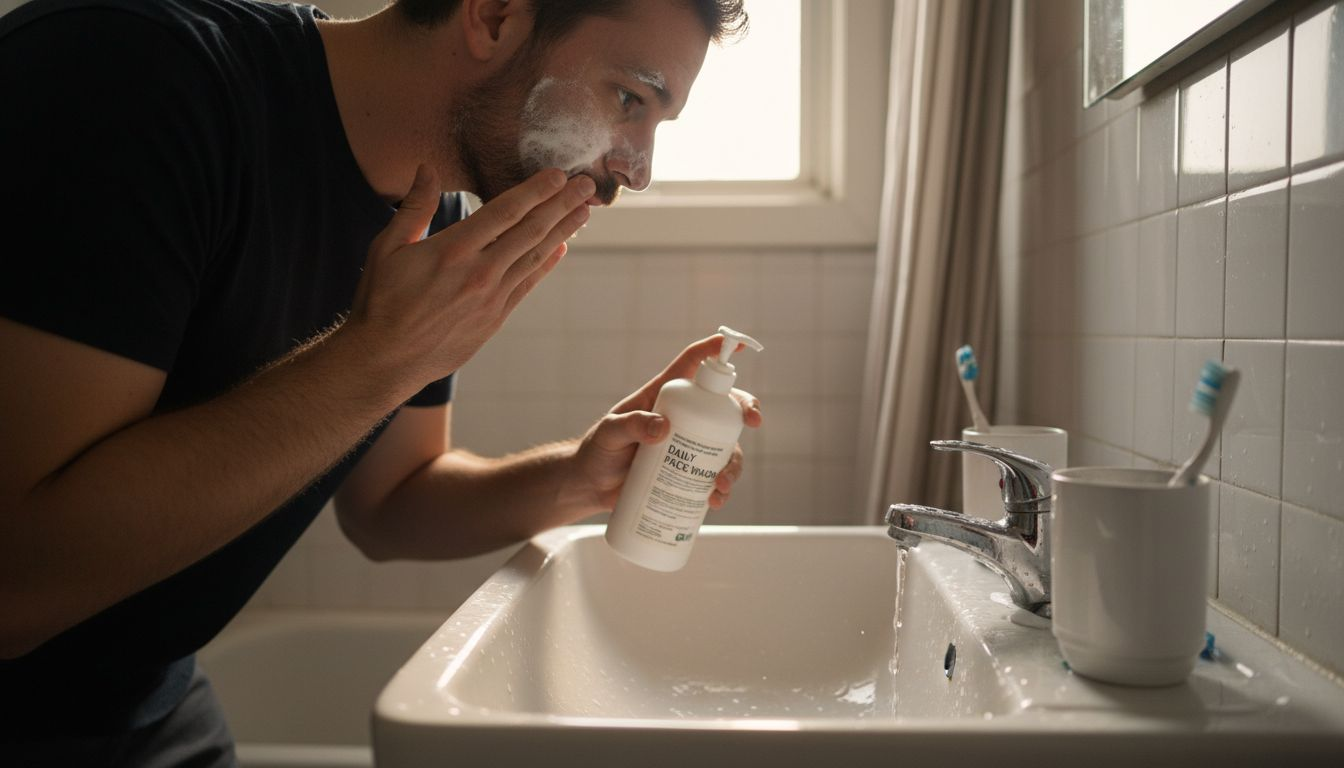 Man washing face at bathroom sink