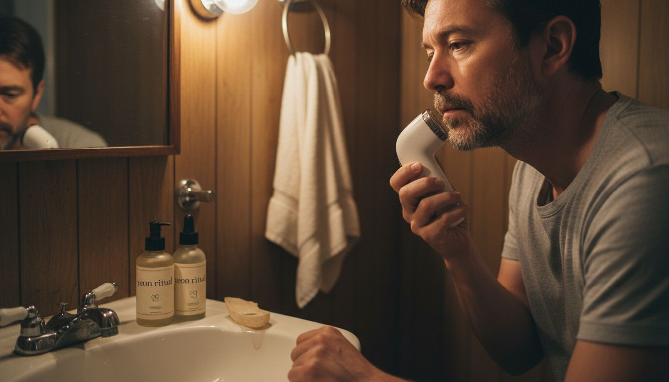 Man using microcurrent therapy device in bathroom
